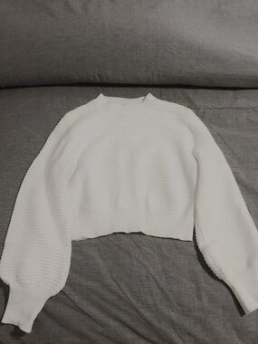 Cropped White Ribbed Knit Sweater